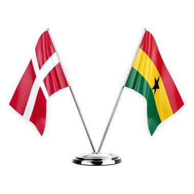 Two table flags isolated on white background 3d illustration, denmark and ghana