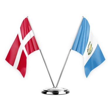 Two table flags isolated on white background 3d illustration, denmark and guatemala