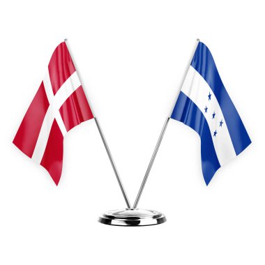 Two table flags isolated on white background 3d illustration, denmark and honduras