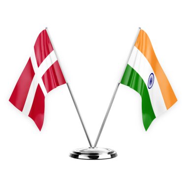 Two table flags isolated on white background 3d illustration, denmark and india