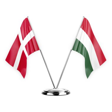Two table flags isolated on white background 3d illustration, denmark and hungary