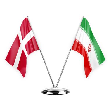 Two table flags isolated on white background 3d illustration, denmark and iran