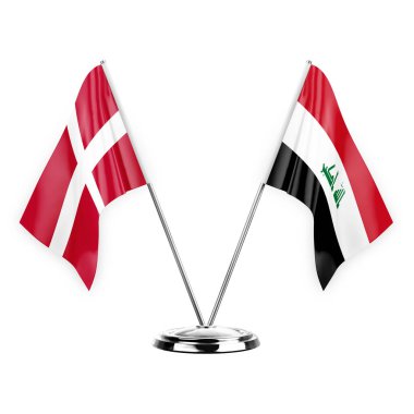 Two table flags isolated on white background 3d illustration, denmark and iraq