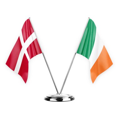 Two table flags isolated on white background 3d illustration, denmark and ireland