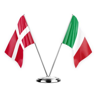 Two table flags isolated on white background 3d illustration, denmark and italy