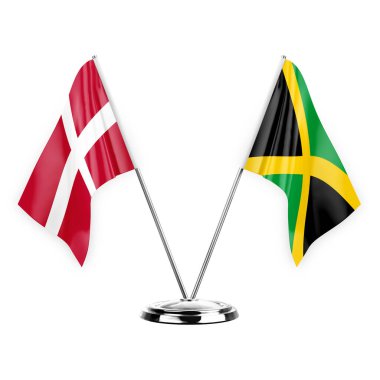 Two table flags isolated on white background 3d illustration, denmark and jamaica