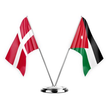 Two table flags isolated on white background 3d illustration, denmark and jordan