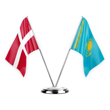 Two table flags isolated on white background 3d illustration, denmark and kazakhstan