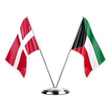 Two table flags isolated on white background 3d illustration, denmark and kuwait
