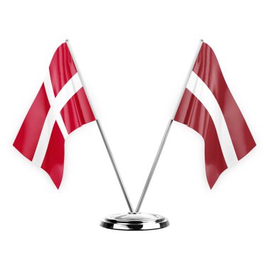 Two table flags isolated on white background 3d illustration, denmark and latvia