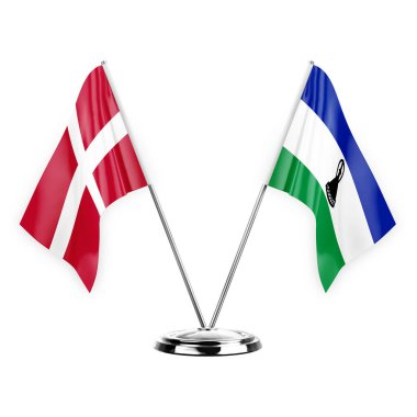 Two table flags isolated on white background 3d illustration, denmark and lesotho