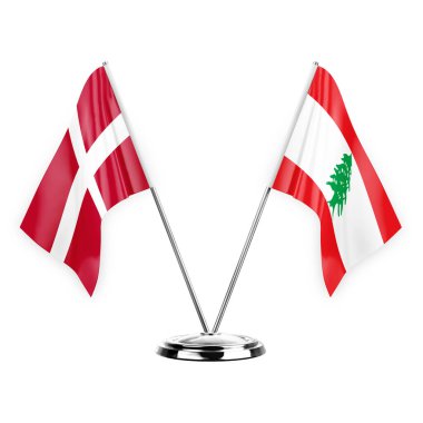 Two table flags isolated on white background 3d illustration, denmark and lebanon
