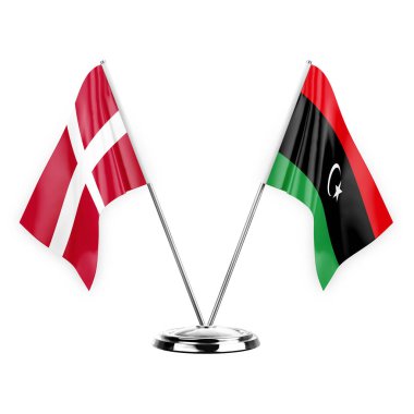 Two table flags isolated on white background 3d illustration, denmark and libya