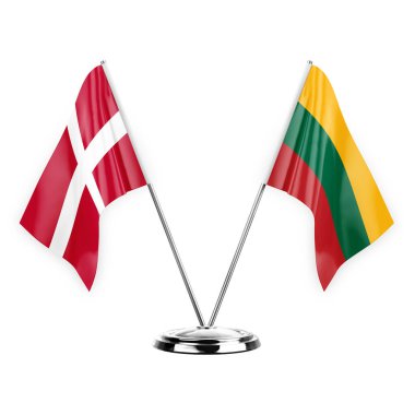 Two table flags isolated on white background 3d illustration, denmark and lithuania