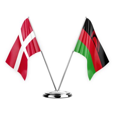 Two table flags isolated on white background 3d illustration, denmark and malawi