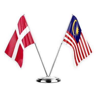Two table flags isolated on white background 3d illustration, denmark and malaysia
