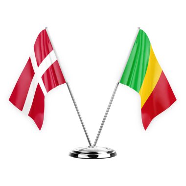 Two table flags isolated on white background 3d illustration, denmark and mali