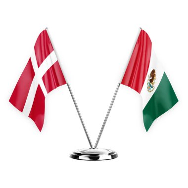 Two table flags isolated on white background 3d illustration, denmark and mexico