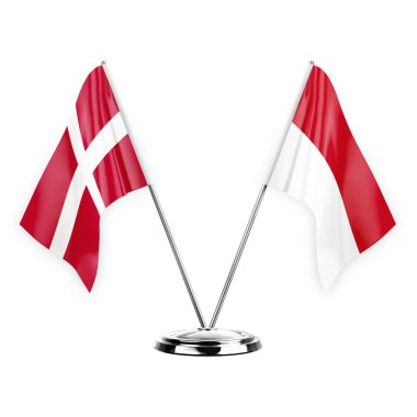 Two table flags isolated on white background 3d illustration, denmark and monaco