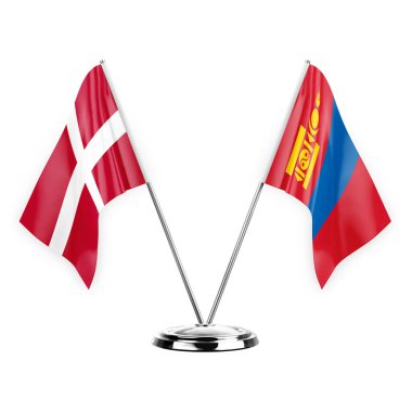 Two table flags isolated on white background 3d illustration, denmark and mongolia
