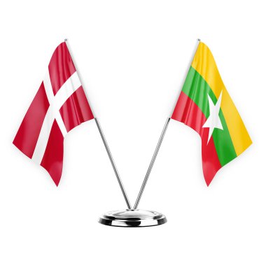 Two table flags isolated on white background 3d illustration, denmark and myanmar