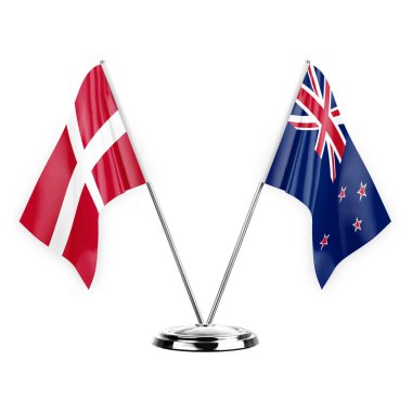 Two table flags isolated on white background 3d illustration, denmark and new zealand