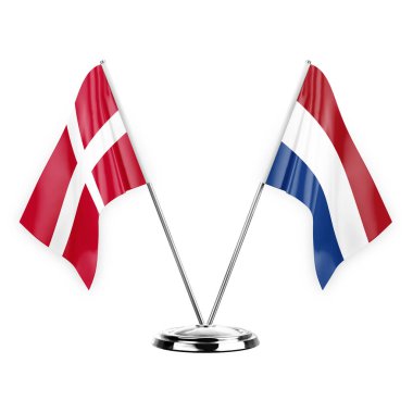 Two table flags isolated on white background 3d illustration, denmark and netherlands