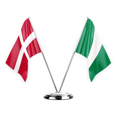 Two table flags isolated on white background 3d illustration, denmark and nigeria