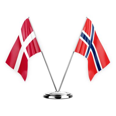 Two table flags isolated on white background 3d illustration, denmark and norway
