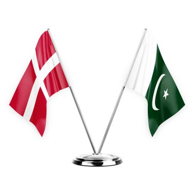 Two table flags isolated on white background 3d illustration, denmark and pakistan