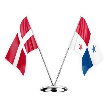 Two table flags isolated on white background 3d illustration, denmark and panama