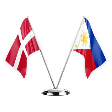 Two table flags isolated on white background 3d illustration, denmark and philippines