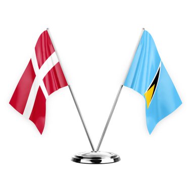 Two table flags isolated on white background 3d illustration, denmark and saint lucia
