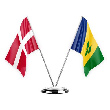 Two table flags isolated on white background 3d illustration, denmark and saint vincent and the grenadines