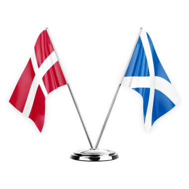 Two table flags isolated on white background 3d illustration, denmark and scotland