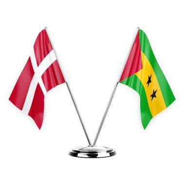 Two table flags isolated on white background 3d illustration, denmark and sao tome and principe
