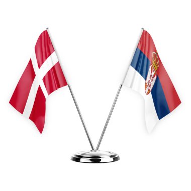 Two table flags isolated on white background 3d illustration, denmark and serbia