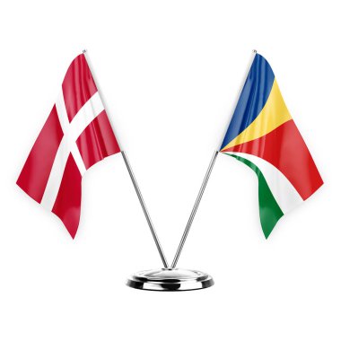 Two table flags isolated on white background 3d illustration, denmark and seychelles