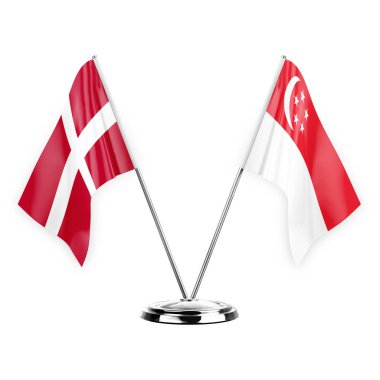 Two table flags isolated on white background 3d illustration, denmark and singapore