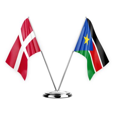 Two table flags isolated on white background 3d illustration, denmark and south sudan