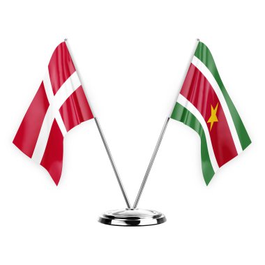 Two table flags isolated on white background 3d illustration, denmark and suriname