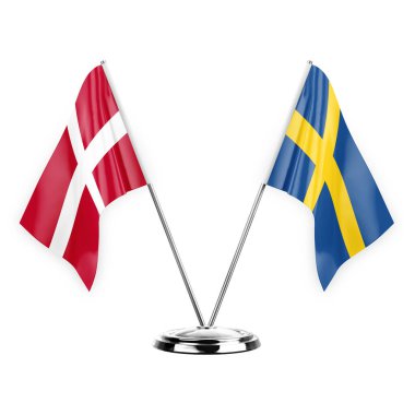 Two table flags isolated on white background 3d illustration, denmark and sweden