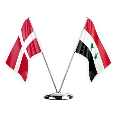 Two table flags isolated on white background 3d illustration, denmark and syria