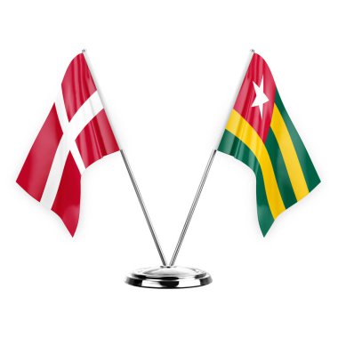 Two table flags isolated on white background 3d illustration, denmark and togo