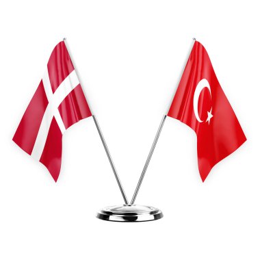 Two table flags isolated on white background 3d illustration, denmark and turkey