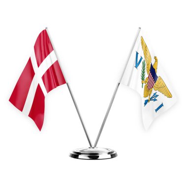 Two table flags isolated on white background 3d illustration, denmark and virgin islands