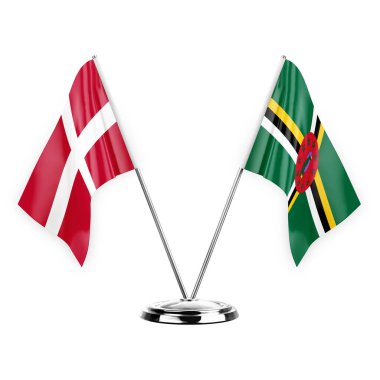 Two table flags isolated on white background 3d illustration, denmark and dominica
