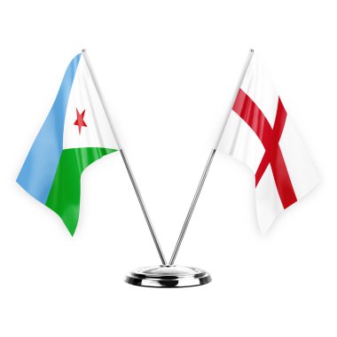 Two table flags isolated on white background 3d illustration, djibouti and england