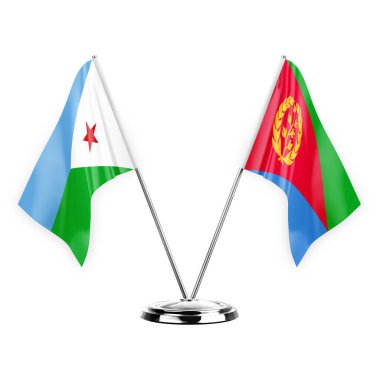 Two table flags isolated on white background 3d illustration, djibouti and eritrea