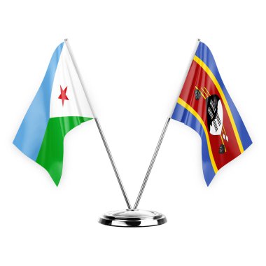 Two table flags isolated on white background 3d illustration, djibouti and eswatini